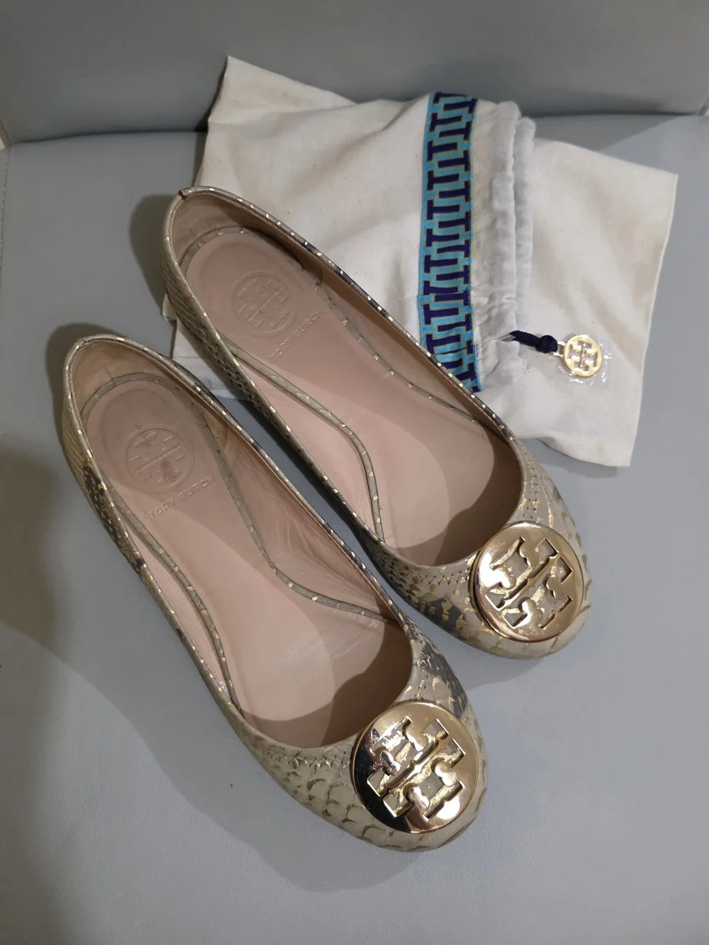Tory Burch Metallic Gold Snake Print Ballet Flats Size 6.5